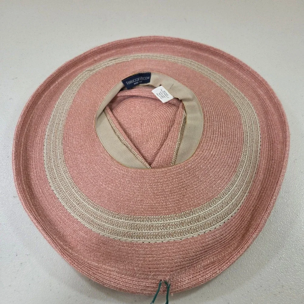 Ferruccio Vecchi Italy Pink Paper Straw Wide Brim Sun Hat Feather Accent Striped